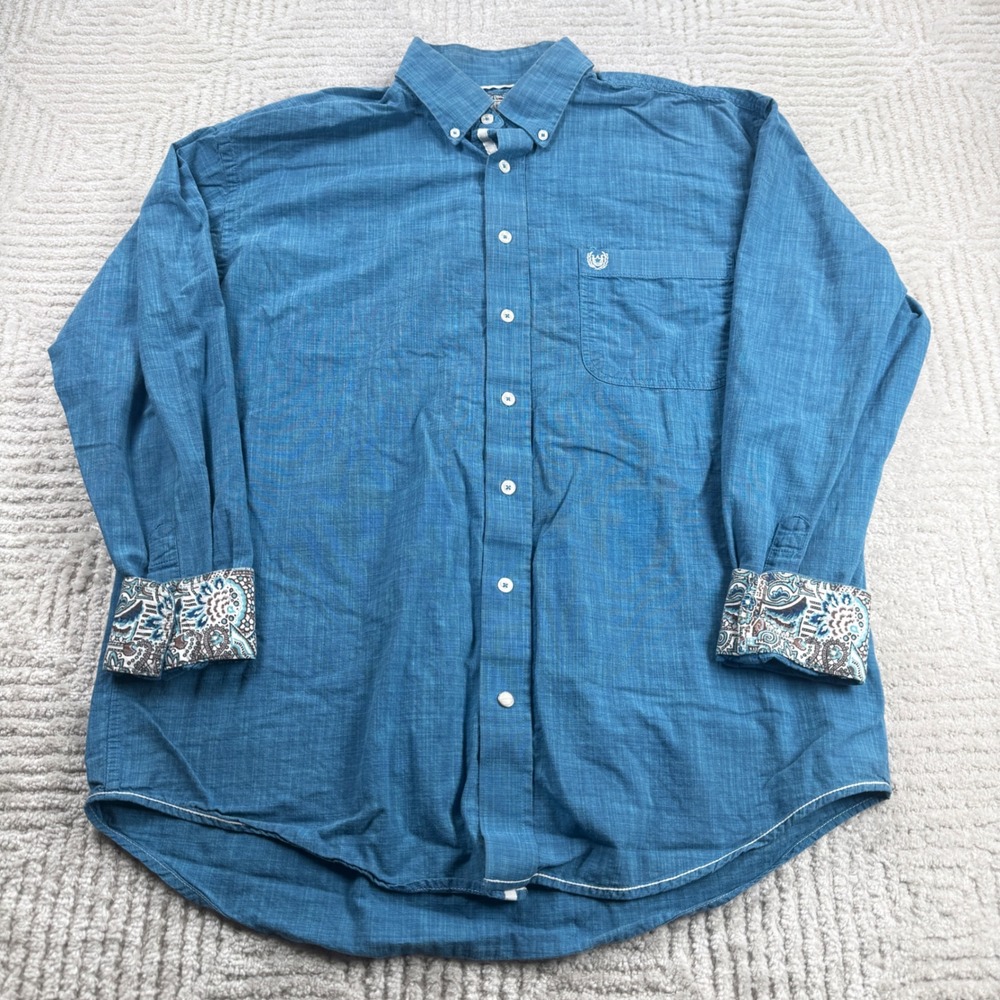 Panhandle Rough Stock Button Down Shirt Mens M Blue Paisley Cuff Western Cowboy